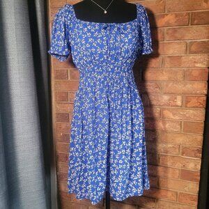 Passport Blue Floral Dress Smocked Waist Open - Sz L (fits like a Small Med)